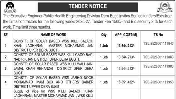 Tender notice by executive engineer public health engineering division dera bugti