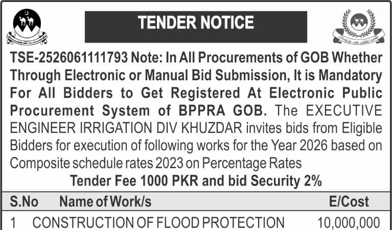 tender notice bppra khuzdar